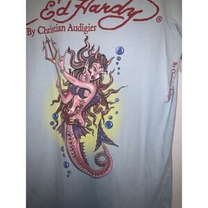 Ed Hardy Mermaid Design Blue T-Shirt By Christian Audigier Medium Vintage